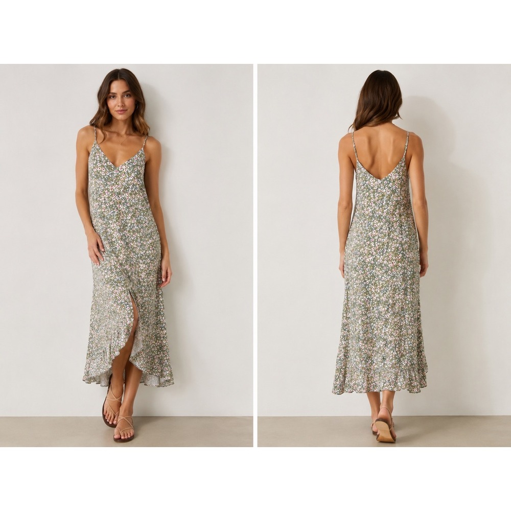 Grecerelle Floral Cottagecore Boho Slip Dress Womens Large Green Midi Ruffle Hem - Picture 5 of 6